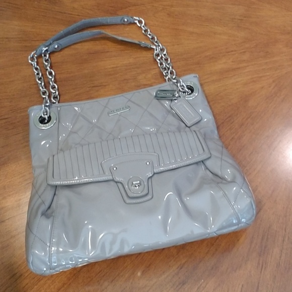 gray patent leather purse